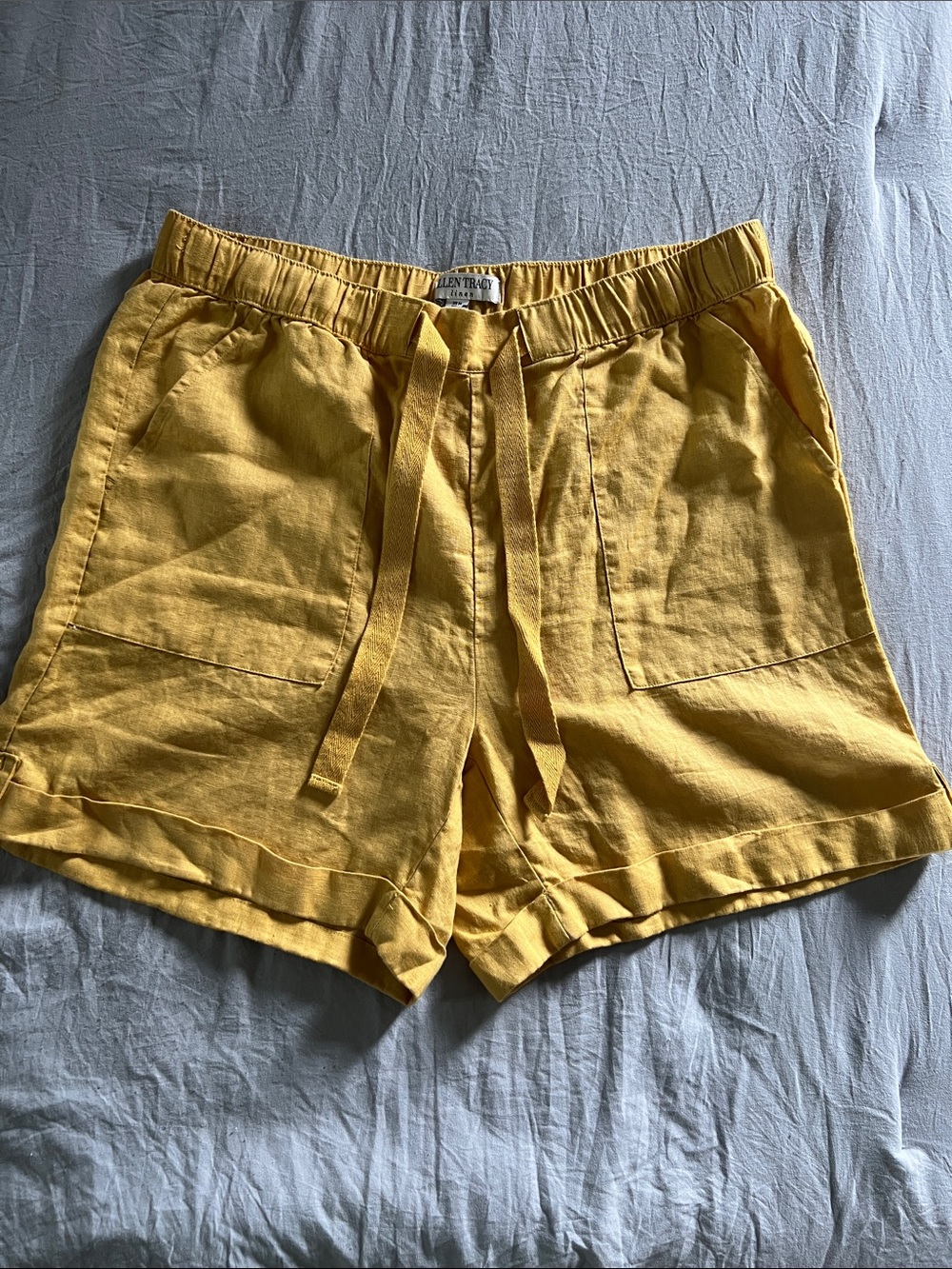 Ellen Tracy Mustard Yellow Drawstring Linen-Blend Shorts